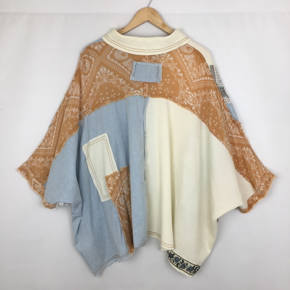 POL Light Denim Mixed Patchwork Boxy Oversized Boho Top Shacket Women’s Size M - Picture 15 of 16